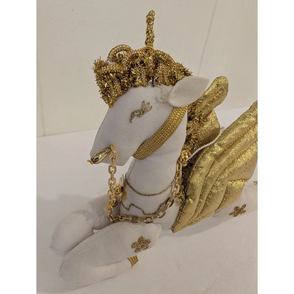 Flying Unicorn Pegasus Christmas Ornament Plush White Gold 6